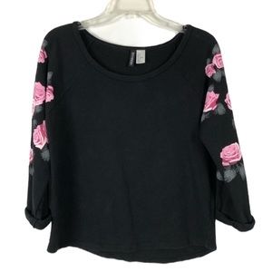 Divided H&M Black Sweatshirt with Pink Roses